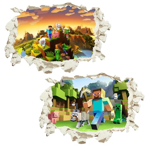 Minnecraft Wandaufkleber, 3D Wandsticker Minnecraft Wandüber Wall Art Wandtattoo Selbstklebend, Minnecraft Wandaufkleber für Kinderzimmer Wohnzimmer Wanddekoration 2pcs von FYDZBSL