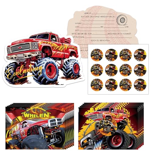 FYFLYMT 12 Stück Monster Truck Einladungskarten Kindergeburtstag,Monster Truck Geburtstag Einladungskarten für Jungen & Mädchen, Monster Truck Partyeinladungen mit Umschlägen(Deutsch) von FYFLYMT