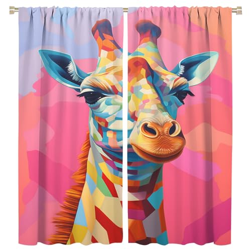 FYFMUSHE Abstrakte Giraffen-Verdunkelungsvorhänge, bunt, Retro, Cartoon-Tiere, Stangentaschen-Vorhänge für Schlafzimmer, wärmeisolierende Vorhänge für Wohnzimmer, 107 cm B x 137 cm L von FYFMUSHE