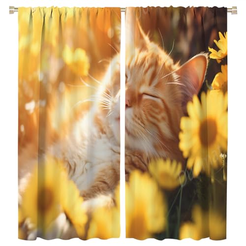 FYFMUSHE Verdunklungsvorhänge mit schöner Katze, Natur, niedliches Tier, gelbe Blume, Stangentaschen, Vorhänge für Schlafzimmer, wärmeisolierende Vorhänge für Wohnzimmer, 107 cm B x 115 cm L von FYFMUSHE