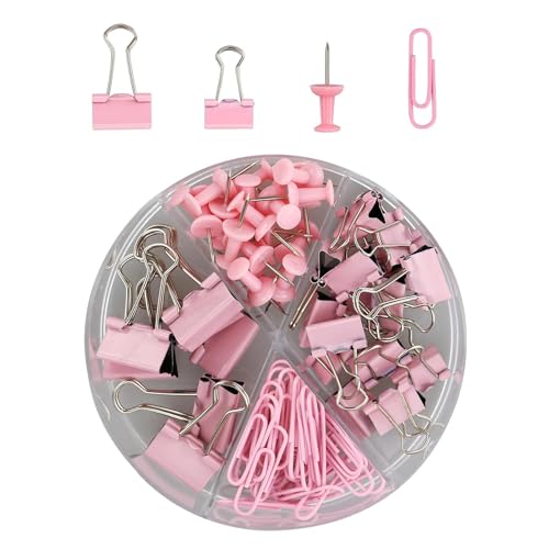 72-teiliges Binder-Clips-Set, Pink, 4-in-1, runde Box-Clips, Schreibwaren-Set mit 20 Reißzwecken, 30 Büroklammern, 15 kleinen Blinder-Clips, 7 großen Blinder-Clips, Bürobedarf-Set Büroklammern von FYHJNC