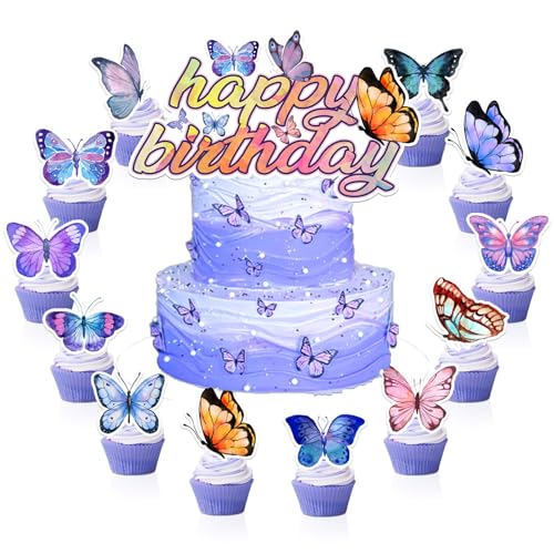 FYJCXCMP Butterfly Cake Decorations, Purple Cake Topper, 25 Stück Happy Birthday Tortendekoration für Geburtstagsfeiern und Valentinstag von FYJCXCMP