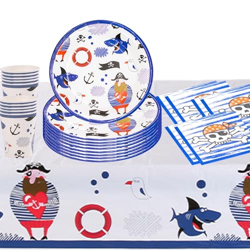 FYJCXCMP Pirate Party Geschirr, Pirate Party Tableware Set, 51Pcs Birthday Tableware Set, Geburtstagsfeier Dekoration mit Tischdecken Platten Servietten und Papierschalen Geeignet für 10-Gäste von FYJCXCMP