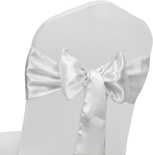 Fynite Satin-Stuhl-Schärpen / Schleifen, 50 Stück, für Hochzeiten, Veranstaltungen, Dekorationen, Partys, Abschlussfeiern, Stuhlschärpen für Hochzeit oder Bankett, Stuhldekoration – Silber von FYNITE