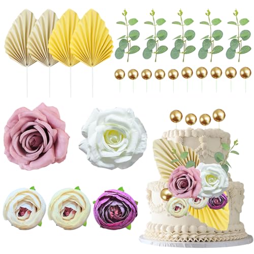 FYSL 28 Stück Boho Tortendeko, Cake Topper Geburtstag, Tortendeko Blumen, Tortendeko Kugeln, Rose, Palmblätter, Blätter, Kuchen Dekoration für Hochzeit, Geburtstag, Babyparty von FYSL