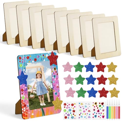 FYSL Bilderrahmen Bastelset, 8 PCS Bilderrahmen Holz zum Bemalen, 14x19 cm, Kinder Holzbilderrahmen Set mit Aquarellstift Glitzersteine Glitter Sticker, Bastelset kindergeburtstag von FYSL