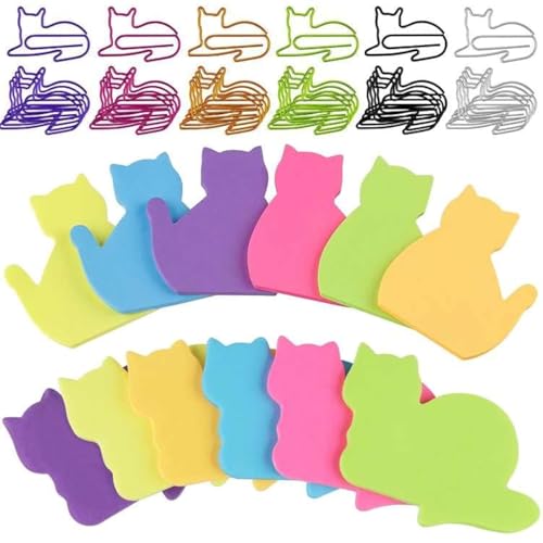 FYSL Klebezettel 360Blätter (12 Pack) Sticky Notes Haftnotizen Lustig, Katzen lustige Haftnotizen, Notizzettel Lustig mit 30 Katzen-Büroklammern for Kinder Studium Haus Büro von FYSL