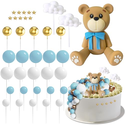 FYSL Tortendeko Taufe, 38 Stück Teddybär Kuchen Dekoration, Tortendeko Kugeln, Wolke, Sterne, Cake Topper Hochzeit, Teddybär Geburtstagstorte Deko für Mädchen Junge von FYSL