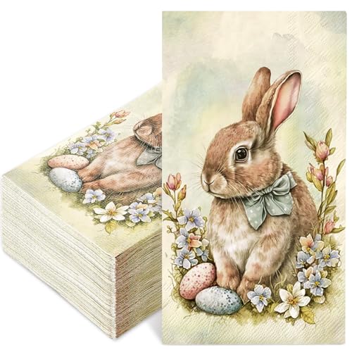 FYSUIMU 100 Stück Oster-Gästeservietten, Aquarell, Blumenhase, Einweg-Papierservietten, Blume, Kaninchen, Abendessen, Handservietten für Frühling, Party, Tischdekoration von FYSUIMU