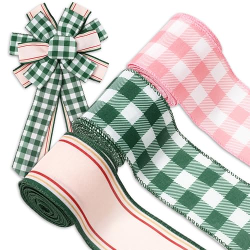 FYSUIMU Gingham-Band mit Drahtrand, 6,3 cm, rosa-grün, kariert, Stoffband für Bastelarbeiten, Kranzschleifen, 18 m FYSUIMU Gingham-Band mit Drahtrand, 6,3 cm, rosa-grün, kariert, Stoffband für Bastelarbeiten, Kranzschleifen, 18 m von FYSUIMU