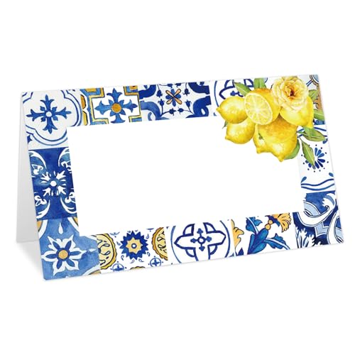FYSUIMU Tischkarten mit blauen Fliesen, 5,1 x 8,9 cm, mediterrane Zitrone, Zeltkarten, Sitzkarten für Frühling, Sommer, Hochzeit, Brautparty, Tischdekoration, 100 Stück FYSUIMU Tischkarten mit blauen Fliesen, 5,1 x 8,9 cm, mediterrane Zitrone, Zeltkarten, Sitzkarten für Frühling, Sommer, Hochzeit, Brautparty, Tischdekoration, 100 Stück von FYSUIMU