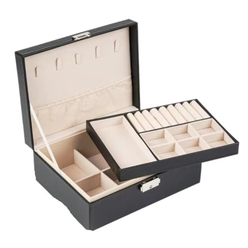 FYSXCXS Schmuckkästchen Doppelschichtige Aufbewahrungsbox For Schmuck Aus PU-Leder. Schmuckschatulle For Ohrringe, Halsketten, Armbandbox Geschenkbox(Black) von FYSXCXS