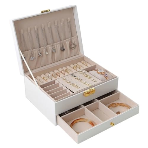 FYSXCXS Schmuckkästchen Doppelschichtige Schmuckverpackung Im Schubladenstil, Ohrringe, Aufbewahrungsbox For Handschmuck Mit Schloss, Lederschmuckschatulle Geschenkbox(White) von FYSXCXS