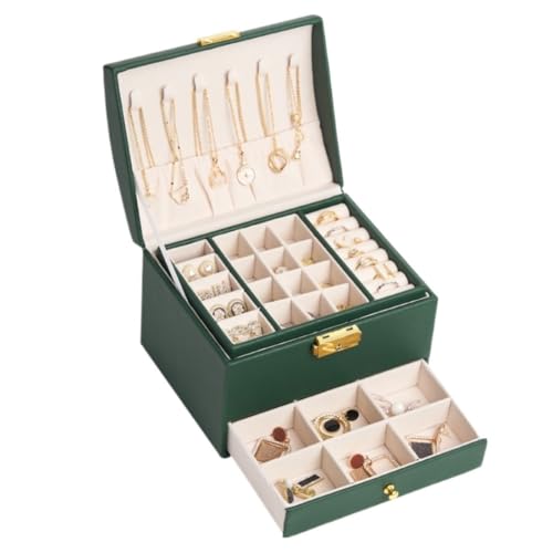 FYSXCXS Schmuckkästchen Dreischichtige Schmuckaufbewahrungsbox Im Schubladenstil, Schmuckschatulle For Ringe, Halsketten, Ohrringe, Retro-Schloss, Schmuckschatulle Geschenkbox(Green) von FYSXCXS