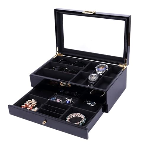 FYSXCXS Schmuckkästchen Qingyu Packaging Backfarbe Doppelschichtige Schmuckschatulle Uhrenbox Brillen Schmuck Halskette Aufbewahrung Holzbox Geschenkbox(Black) von FYSXCXS