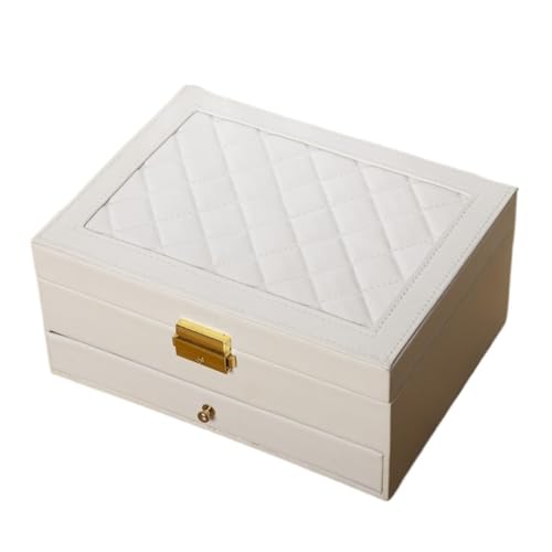 FYSXCXS Schmuckkästchen Schmuck-Aufbewahrungsbox, Doppelschichtig, Exquisite Halsketten-/Ohrring-Schmuckschatulle Aus Gold Und Leder Geschenkbox(White) von FYSXCXS