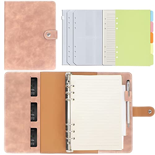 FYY A5 Binder Notizbuch,6 Ringe PU Leder Loseblatt Notizbuch mit A5 Papier,6 Runder Ringbuch Planner Notebook,Travel Tagebuch Notiz Skizzenbuch für A5 Füllpapier (Hellpink, A5) von FYY