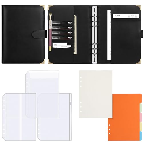 FYY A5 Binder Notizbuch,6 Ringe PU Leder Nachfüllbares Notizbuch Ringbuch A5 mit 80 Gepunktet Papier,3 Stück Binder Taschen,5 Stück Binderteiler,6 Runder Ringbuch Planner Notebook für A5 Füllpapier von FYY