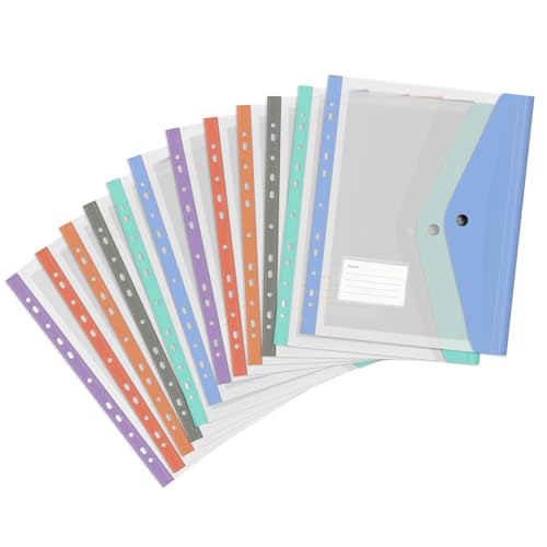 FYY Dokument Geldbörse A4, Dokumentenmappen A4 Transparent Press Stud zum Filing, A4 wasserdichte Ordner für Dokumente Organisieren mit 11 Löchern und Etikettentasche für A4 2/3/4 Ringbinder,12 Pack von FYY