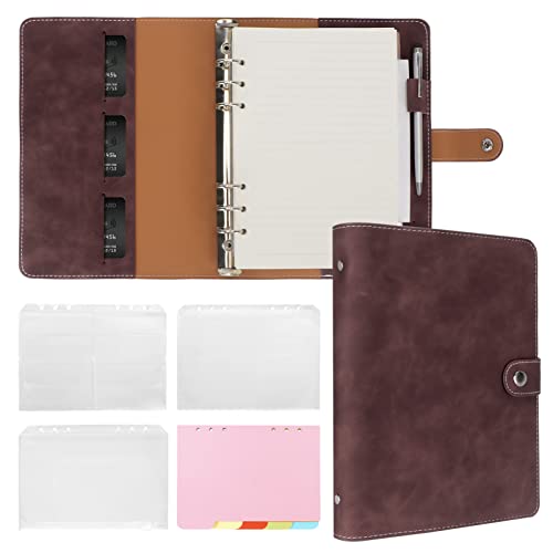 FYY Leder A5 Binder 6 Ringbuch Notizbuch,Nachfüllbares Notizbuch A5 Planer Binder mit Bindertaschen, A5 Nachfüllpapier, Leder Reisetaschebuch Journal Cover Binder Dunkelbraun Notizbuch von FYY