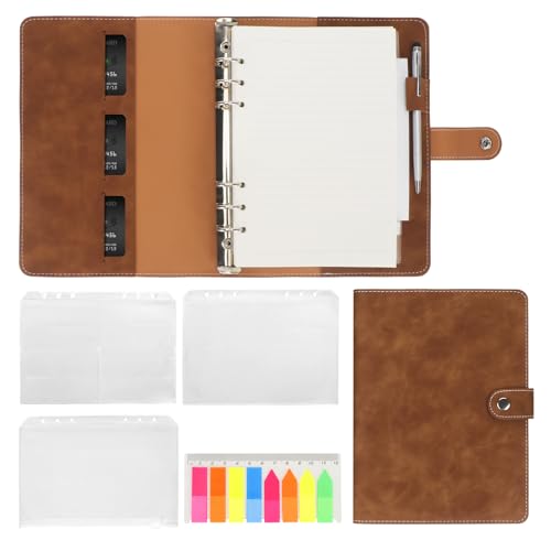 FYY Leder A5 Ringbuch Notizbuch - 6 Ring A5 Binder mit A5 Nachfüllpapieren, Bindertaschen und PVC Haftnotizen, Reisebinder Journal Persönlicher Planer mit Ringbuch Braun von FYY