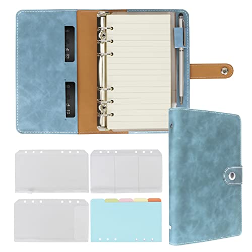 FYY Leder A6 Binder 6 Ringbuch Notizbuch - Nachfüllbares Notizbuch A6 Planer Binder mit Binder Taschen, A6 Trennblätter, A6 Nachfüllpapier, PU Leder Reise Binder Journal Cover Binder Blau Notebook von FYY