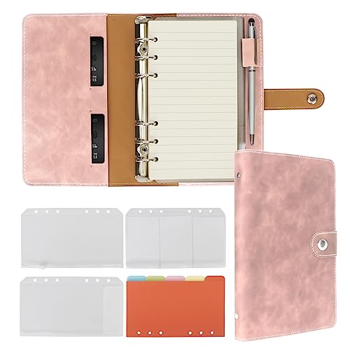 FYY Leder A6 Ringbuch Notizbuch, 6 Ring A6 Binder mit A6 Nachfüllpapieren, Binder Taschen und Fach Trennblätter Papierblatt, Reisebinder Journal Personal Planner mit Ringbuch Rosa von FYY