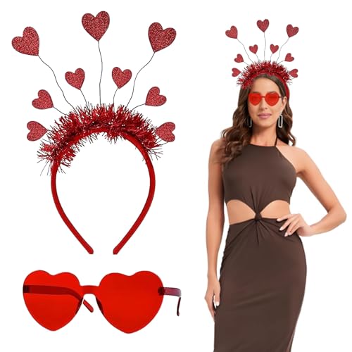 2 Stück Liebe Herz Haarreifen Partybrille Set, Herzherzige Haarreifen, Herz Randlose Sonnenbrille, Herzchen Haarreif Rot Pailletten, für Weihnachten Karneval Valentinstag Hochzeit Party von FYZSJWL