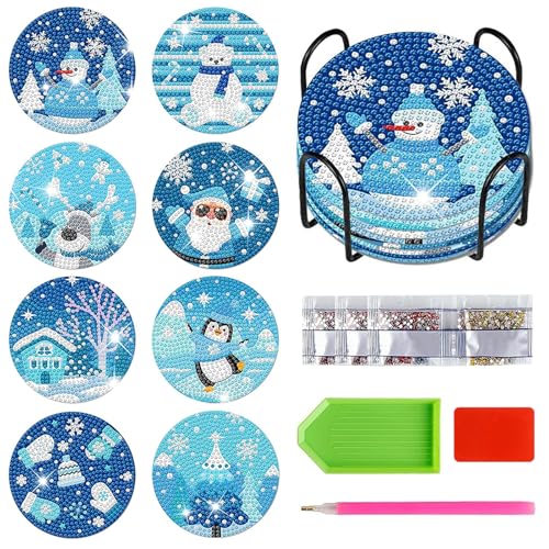 FYting 8 Stück Diamond Painting Untersetzer,Diamond Painting Erwachsene mit Untersetzer Halter,DIY Eis und Schneekönigreich Untersetzer,Weihnachtsmann, Elch, Pinguin, Schneemann, Weihnachten(Blau) von FYting