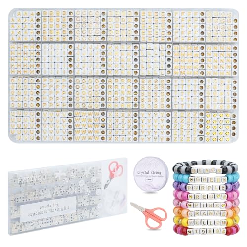 FZIIVQU 1120 Stück Buchstabenperlen Set, 6x6 mm Acryl Quadrat Alphabet Perlen für Armbänder, Zahlen Herz Letter Beads, DIY Schmuck Basteln Kreativität Geschenk Perlen zum Auffädeln（Weißgold） von FZIIVQU