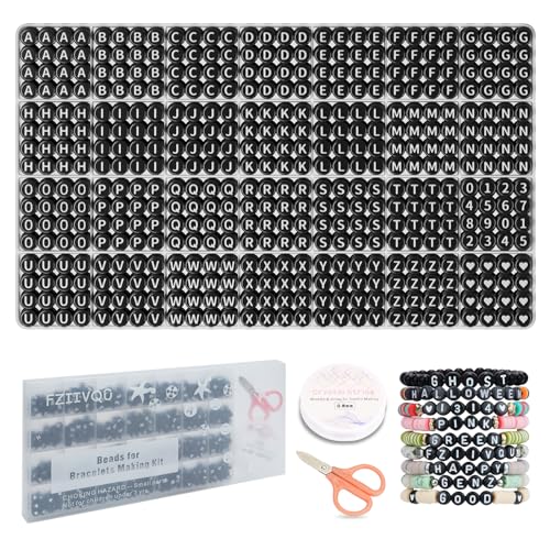 FZIIVQU 1450 Pieces Letter Beads Kit, 4x7 mm Black Acrylic Alphabet Beads Letter Beads For Jewelry Making Number Beads Heart Beads Friendship Bracelet Beads Making von FZIIVQU