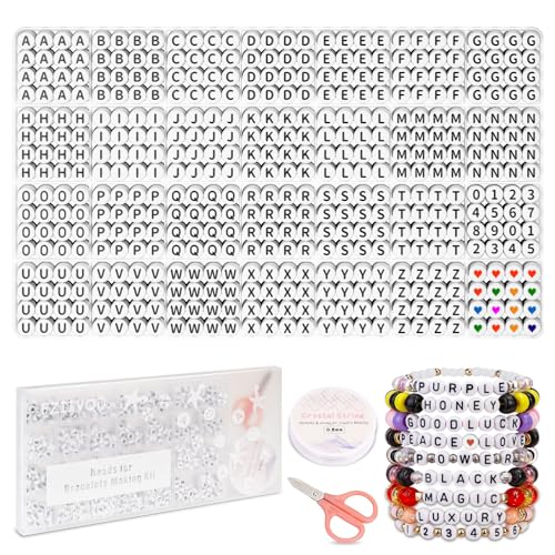 FZIIVQU 1450 Stück Buchstabenperlen Set, 4x7 mm Weiße Acryl Rund Alphabet Perlen für Armbänder, Zahlen Herz Letter Beads, DIY Schmuck Basteln Kreativität Geschenk Friendship Bracelet Kit von FZIIVQU