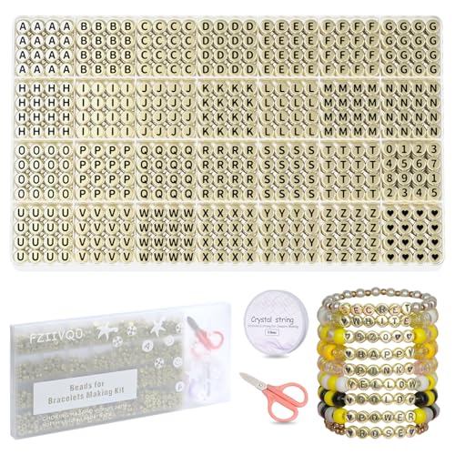 FZIIVQU 1450 Stück Buchstabenperlen Set, 4x7 mm Acryl Rund Alphabet Perlen für Armbänder, Zahlen Herz Letter Beads, DIY Schmuck Basteln Kreativität Geschenk Perlen zum Auffädeln（Golden） von FZIIVQU