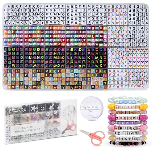 FZIIVQU Buchstabperlen Armband Machen Set, 5 Arten von quadratischen Buchstaben Perlen Kit 6x6mm Quadrat Acryl Alphabetperlen Und Auch Zahl Herz Beads Perlen für armbänder von FZIIVQU