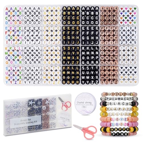 FZIIVQU Buchstabperlen Armband Machen Set, 6 Arten von runden Buchstaben Perlen Kit Acryl Alphabetperlen Und Auch Zahl Herz Beads Perlen für armbänder von FZIIVQU