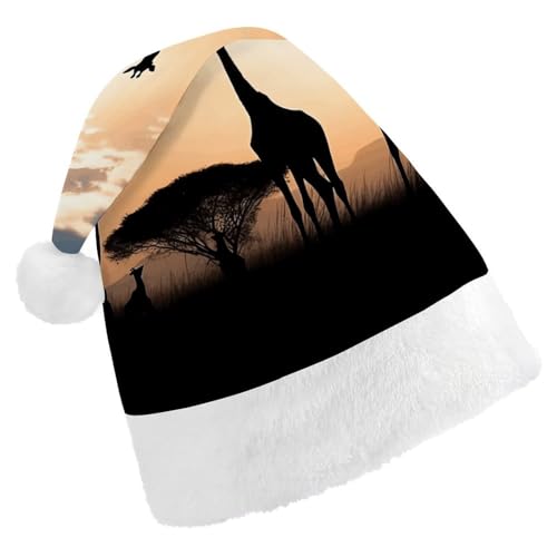 FZMTLDS Weihnachtsmütze, Silhouette von Giraffen auf Gras, Weihnachtsmannmütze, Erwachsene, Weihnachtsmütze, Weihnachtsmütze für Weihnachtsfeier von FZMTLDS