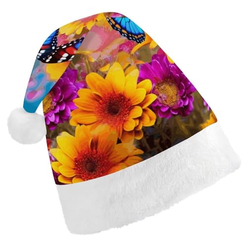 FZMTLDS Weihnachtsmütze, bunte Schmetterlings-Blume, Weihnachtsmannmütze, Erwachsene, Weihnachtsmütze, Weihnachtsmütze für Weihnachtsfeier von FZMTLDS