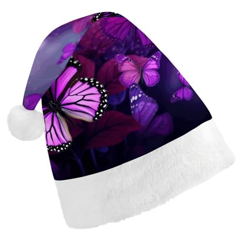 FZMTLDS Weihnachtsmütze, violette Schmetterlinge, Weihnachtsmannmütze, Erwachsene, Weihnachtsmütze, Weihnachtsmütze für Weihnachtsfeier von FZMTLDS