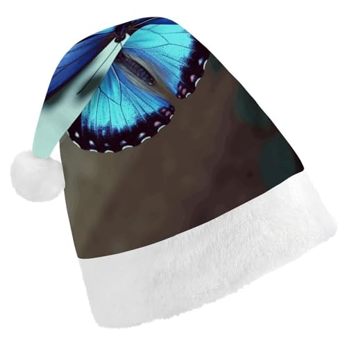 FZMTLDS Weihnachtsmütze mit blauem Schmetterling, Weihnachtsmannmütze, für Erwachsene, Weihnachtsmannmütze für Weihnachtsfeier von FZMTLDS