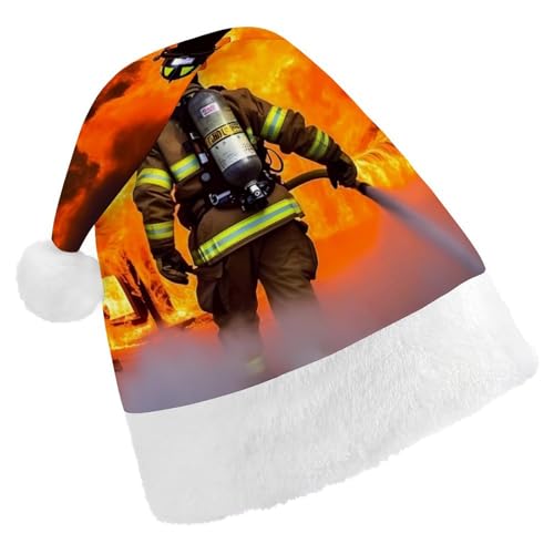 FZMVSQH Weihnachtsmütze für Erwachsene, Feuerwehrmann, Feuerwehrmann, Flamme, bedruckt, Weihnachtsmannmütze, Weihnachtsmütze für Erwachsene, dicker Komfort, klassische Weihnachtsmannmütze für von FZMVSQH