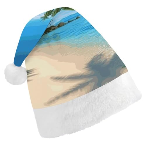 FZMVSQH Weihnachtsmütze für Erwachsene, Hawaii-Strand mit Palmen, bedruckt, Weihnachtsmannmütze, Weihnachtsmütze für Erwachsene, dicker Komfort, klassische Weihnachtsmannmütze für Weihnachten, von FZMVSQH