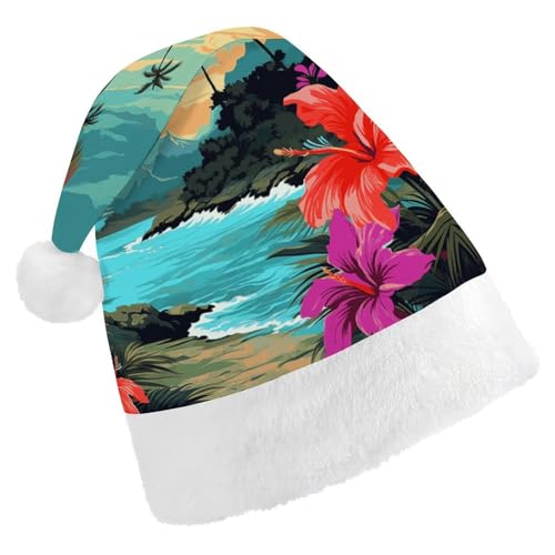 FZMVSQH Weihnachtsmütze für Erwachsene, Hello Hawaii, bedruckt, Weihnachtsmannmütze, Weihnachtsmütze für Erwachsene, dicker Komfort, klassische Weihnachtsmannmütze für Weihnachten, Neujahr, festliche von FZMVSQH