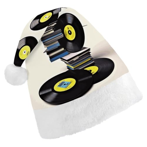 FZMVSQH Weihnachtsmütze für Erwachsene, Vinyl-Schallplatten und Bänder, bedruckte Weihnachtsmannmütze, Weihnachtsmütze für Erwachsene, dick, bequem, klassische Weihnachtsmannmütze für Weihnachten, von FZMVSQH