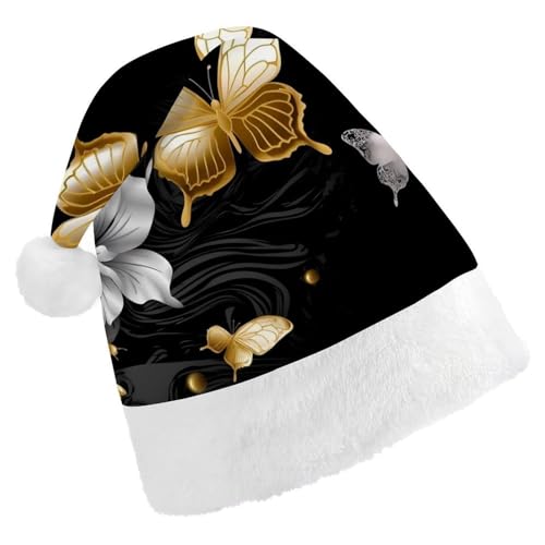 FZMVSQH Weihnachtsmütze für Erwachsene, goldfarben, weiße Schmetterlinge, schwarz, bedruckt, Weihnachtsmannmütze, Weihnachtsmütze für Erwachsene, dicker Komfort, klassische Nikolausmütze für von FZMVSQH