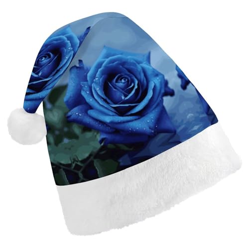 FZMVSQH Weihnachtsmütze für Erwachsene, romantische blaue Rose, bedruckt, Weihnachtsmannmütze, Weihnachtsmütze für Erwachsene, dicker Komfort, klassische Weihnachtsmannmütze für Weihnachten, Neujahr, von FZMVSQH