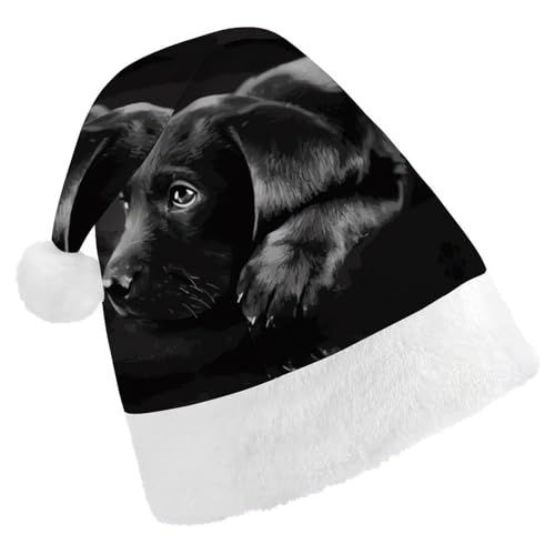 FZMVSQH Weihnachtsmütze für Erwachsene, schwarzer Labrador-Welpe, bedruckt, Weihnachtsmütze für Erwachsene, dicker Komfort, klassische Weihnachtsmannmütze für Weihnachten, Neujahr, festliche von FZMVSQH