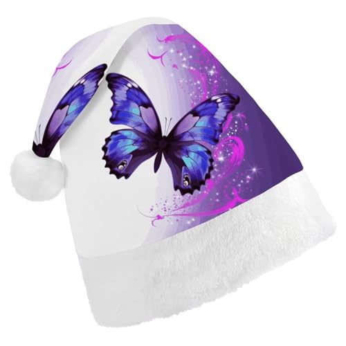 FZMVSQH Weihnachtsmütze für Erwachsene, violetter Schmetterling, bedruckt, Weihnachtsmütze für Erwachsene, dicker Komfort, klassische Weihnachtsmannmütze für Weihnachten, Neujahr, festliche von FZMVSQH