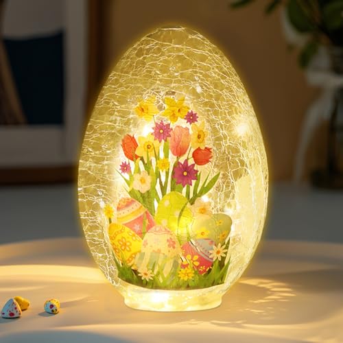 21cm LED Osterei Osterdeko Innen Tischdeko Ostern Deko Glas Oster LED Osterdeko Osterei Crackle Glas Ostereier mit LED Licht Osterbeleuchtung LED Ostereier Nachtlicht Leuchtende Osterei Lichter (A) von FZQBEY