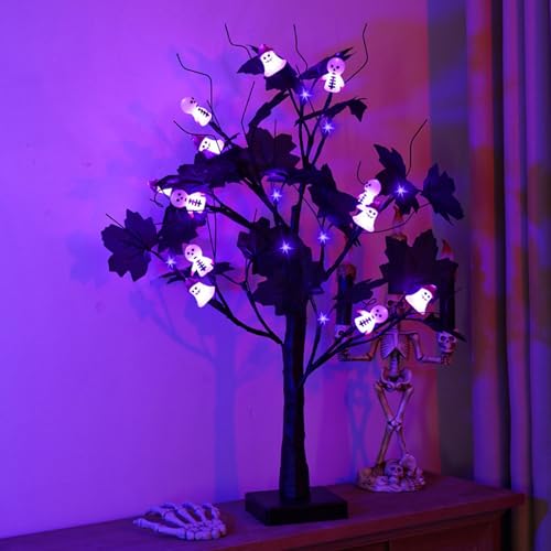 60CM Halloween Deko Künstliche Baumlampe mit 24 LED Geister Licht, Herbstdeko Lichterbaum LED Baum Lichter USB oder Batteriebetrieben Birkenbaum Tischlichter für Halloween Dekoration Herbst Deko (C) von FZQBEY