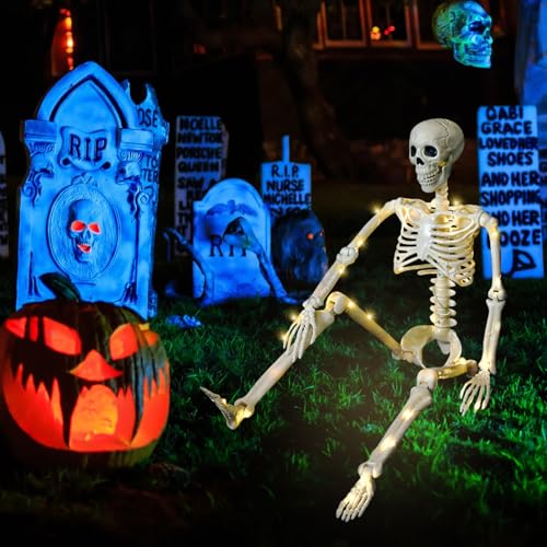 90cm Ganzkörper Halloween Skelett mit Beweglichen Gelenken, Halloween Deko Figuren Animiert Skelett mit Lichter,Halloween Deko Skelett Gruselig Halloween Animatronic für Innen Outdoor Garten Party (1) von FZQBEY